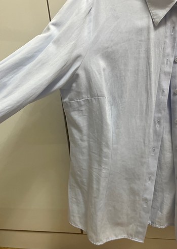 Kadın Mavi Keten Gömlek, Düğmeli, Uzun Kollu - Görsel 2