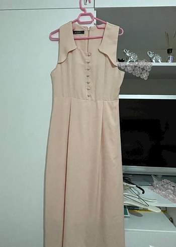 Bej Düğmeli Kolsuz Uzun Keten Elbise - Görsel 2