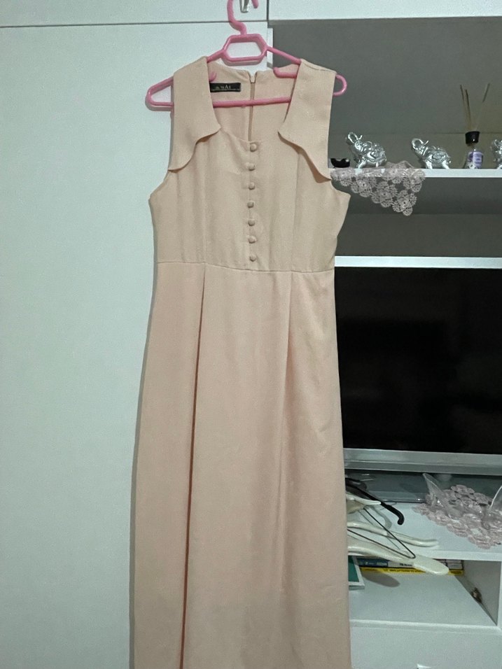 Bej Düğmeli Kolsuz Uzun Keten Elbise - Görsel 2