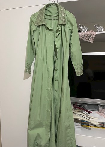 Uzun Yeşil Vintage Kadın Keten Kaban - Görsel 2