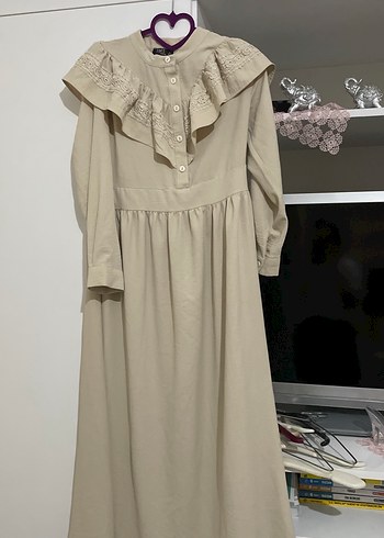 Bej Keten Kadın Uzun Elbise Fırfırlı - Görsel 2