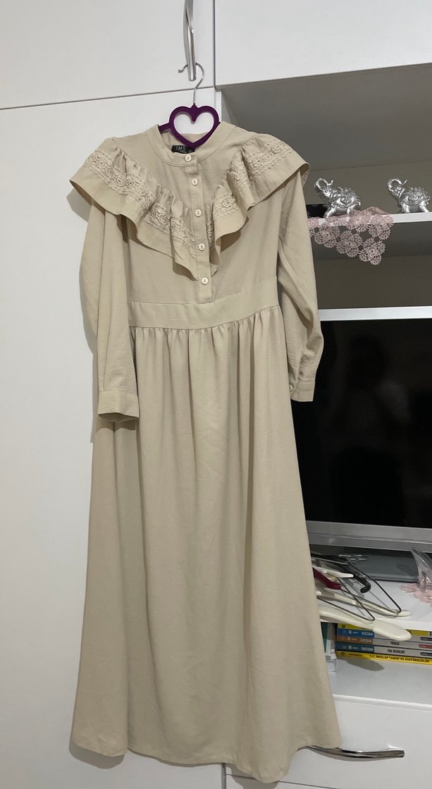 Bej Keten Kadın Uzun Elbise Fırfırlı - Görsel 2