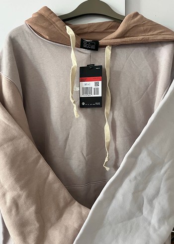 m Beden Kadın Bej Gri Kapüşonlu Fermuarlı Sweatshirt
