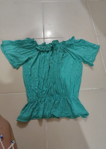 36 Beden Turkuaz Kısa Kollu Fırfırlı Keten Bluz