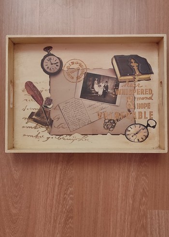 Bej Vintage Tasarımlı Ahşap Tepsi