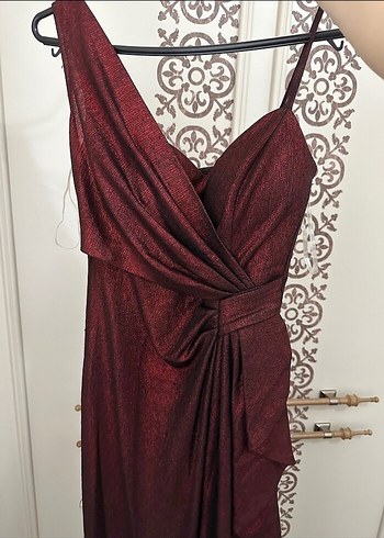 Bordo Drapeli Uzun Abiye Elbise - Görsel 3