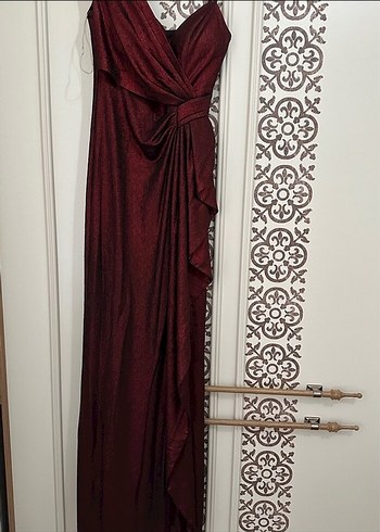 Bordo Drapeli Uzun Abiye Elbise - Görsel 2