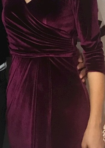 Bordo V Yakalı Drapeli Midi Abiye Elbise - Görsel 2