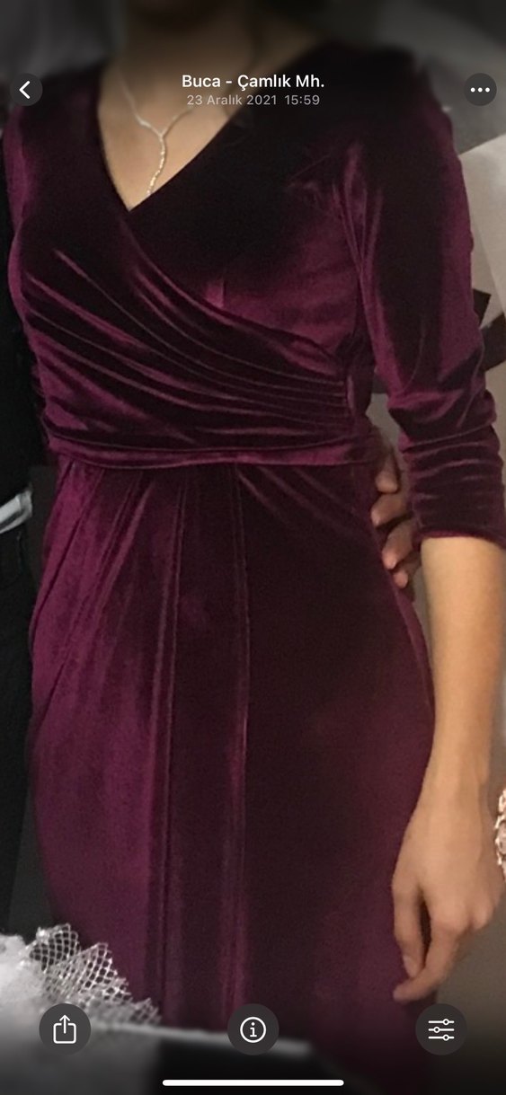 Bordo V Yakalı Drapeli Midi Abiye Elbise - Görsel 2