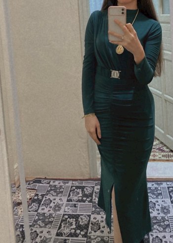 Kemerli Koyu Yeşil Uzun Kadın Elbise - Görsel 3