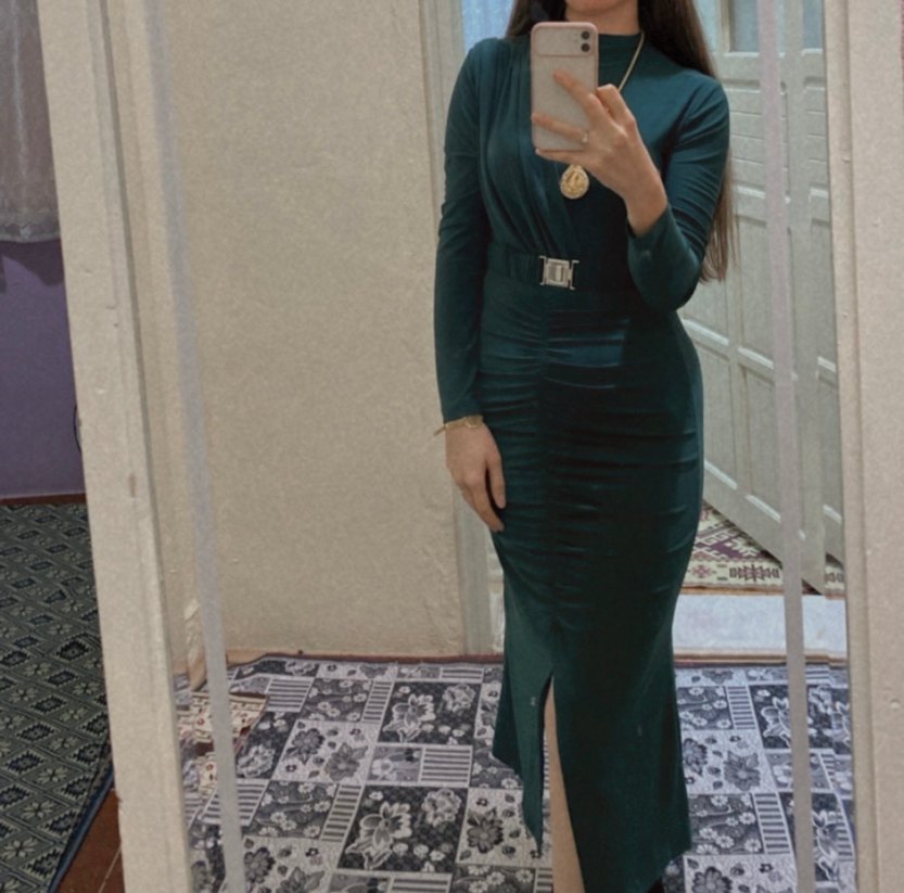 Kemerli Koyu Yeşil Uzun Kadın Elbise - Görsel 3