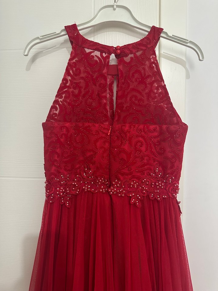 Kırmızı İşlemeli Uzun Abiye Elbise - Görsel 4