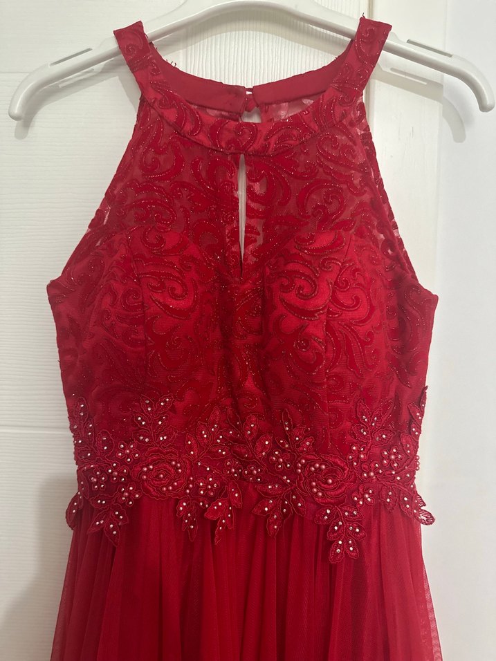 Kırmızı İşlemeli Uzun Abiye Elbise - Görsel 2