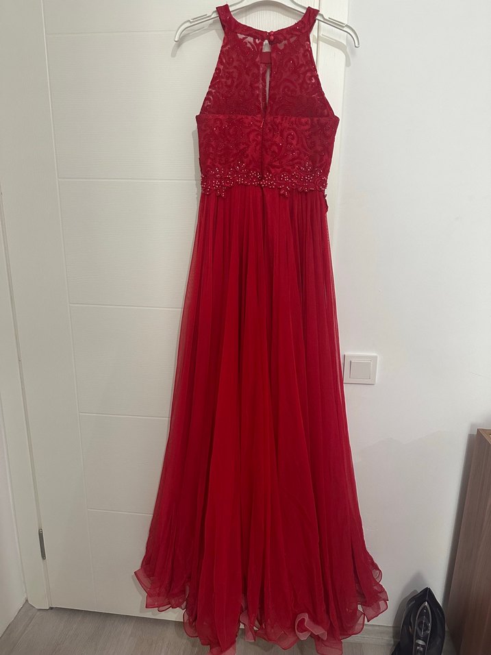 Kırmızı İşlemeli Uzun Abiye Elbise - Görsel 3