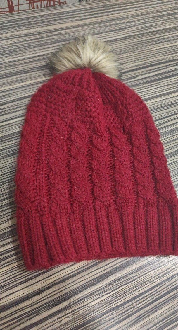 Bordo Örgü Kadın Bere Ponponlu - Görsel 2