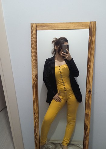 38 Beden Sarı, Straplez, Düğmeli Kadın Tulum