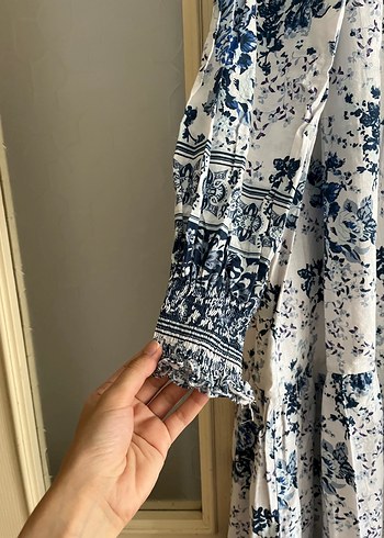 Uzun V Yaka mavi Beyaz Elbise - Görsel 3