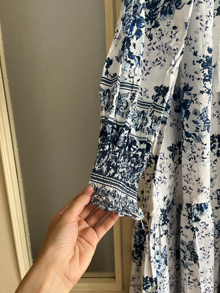 Uzun V Yaka mavi Beyaz Elbise - Görsel 3