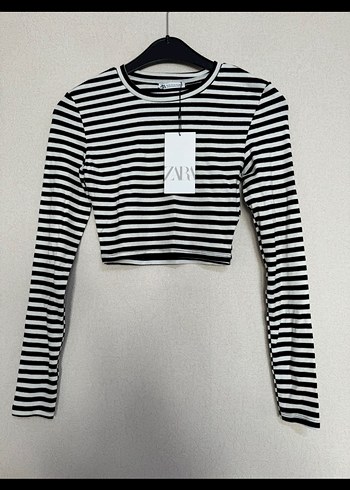 Çizgili zara pamuklu Uzun Kollu Crop