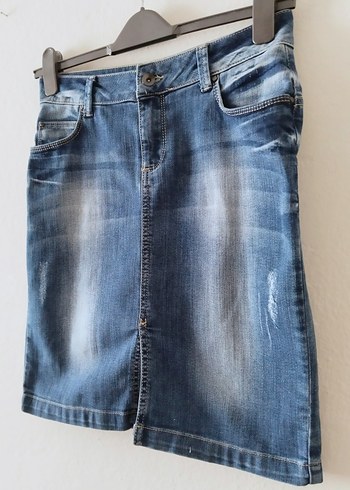 Koton Tokalı Mavi Denim Midi Etek