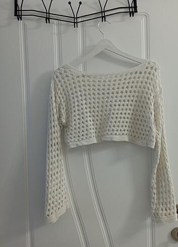 Krem Crop Bluz Triko Örme 