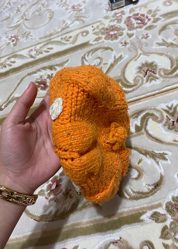 Kız Çocuk Turuncu Nakışlı Örgü Panço - Görsel 2