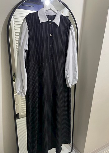 Düğmeli Çizgili Gri Beyaz Kadın Elbise - Görsel 3