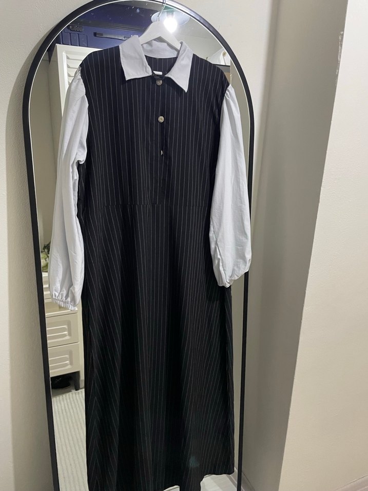 Düğmeli Çizgili Gri Beyaz Kadın Elbise - Görsel 2