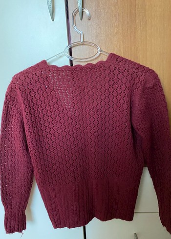 Bordo V Yaka Örgü Kadın Hırka - Görsel 2