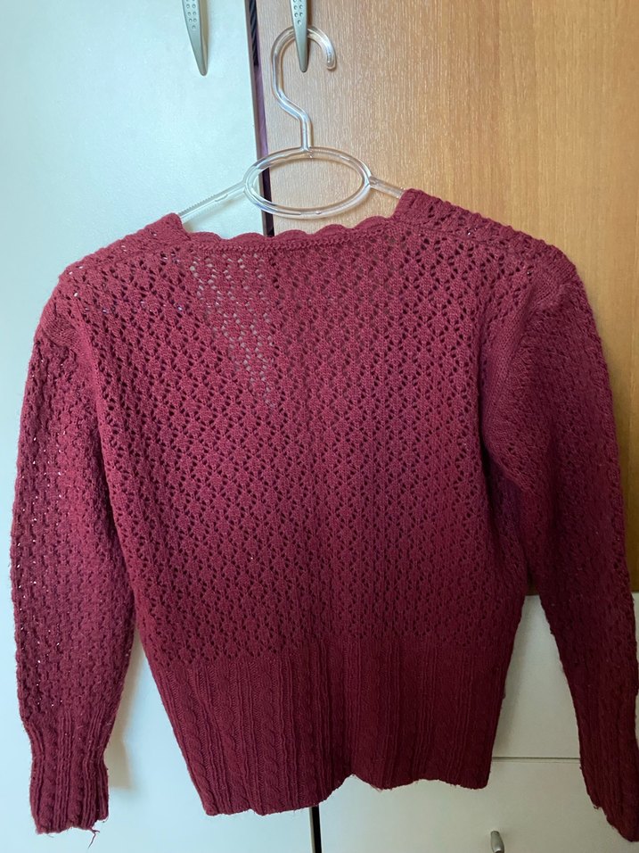 Bordo V Yaka Örgü Kadın Hırka - Görsel 2