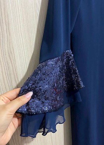 Drapeli Lacivert Uzun tesettür Abiye Elbise - Görsel 3