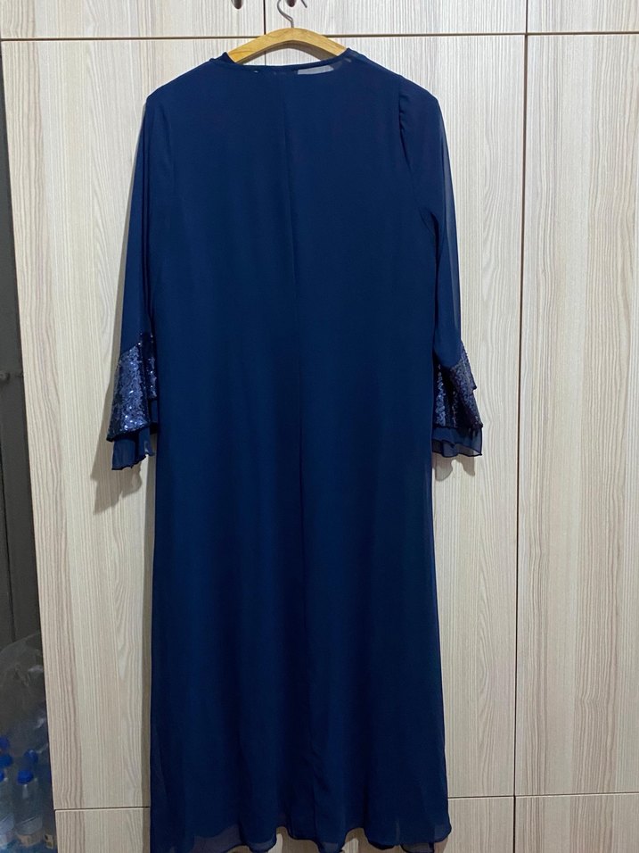 Drapeli Lacivert Uzun tesettür Abiye Elbise - Görsel 2