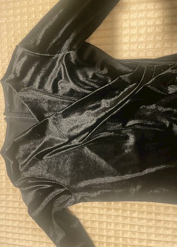 Siyah Drapeli V Yakalı kadife Midi Elbise - Görsel 3