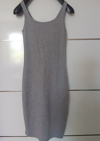 Gri Çizgili Triko Midi Elbise