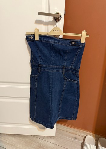 Kadın Mavi Kot Midi Straplez Tulum - Görsel 3