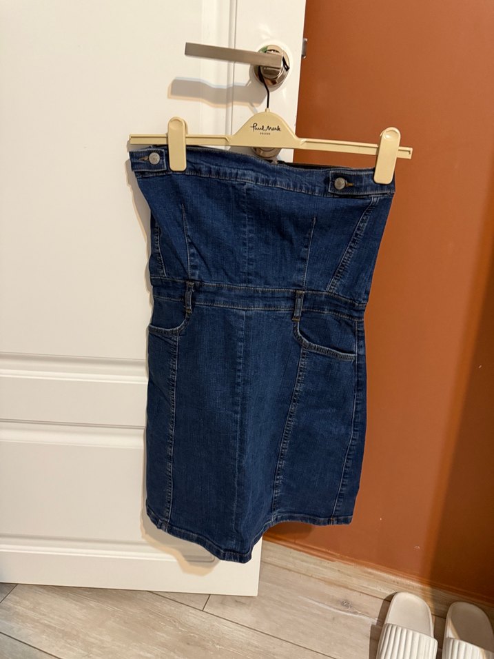 Kadın Mavi Kot Midi Straplez Tulum - Görsel 2