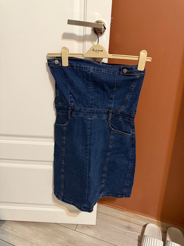 Kadın Mavi Kot Midi Straplez Tulum - Görsel 3