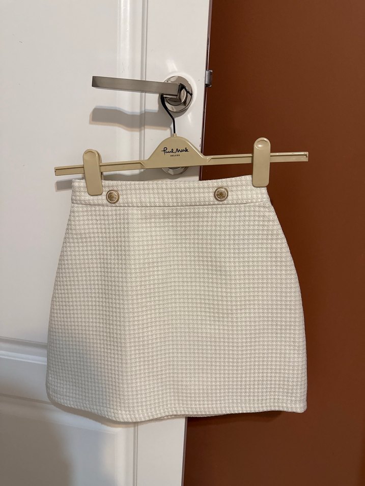 Düğmeli Beyaz Ekose Midi Etek kışlık - Görsel 3