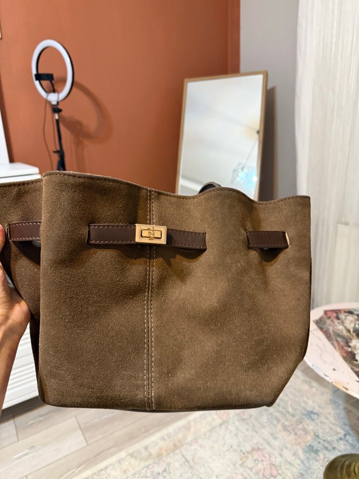 Kahverengi Süet Kadın Omuz Çantası - Görsel 2