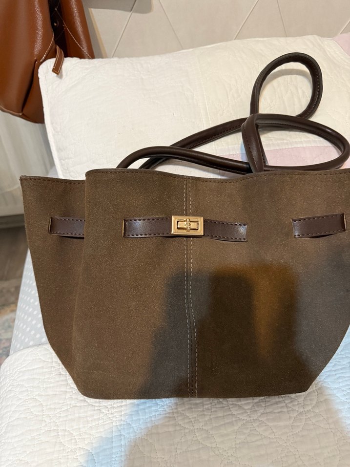 Kahverengi Süet Kadın Omuz Çantası - Görsel 3