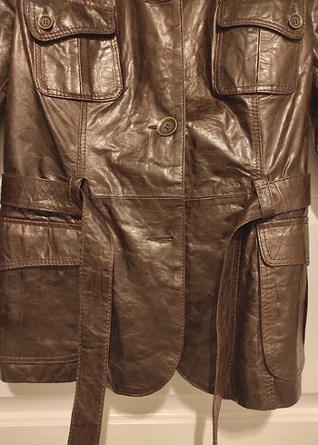 Kahverengi Deri Kemerli Kadın Ceket - Görsel 3
