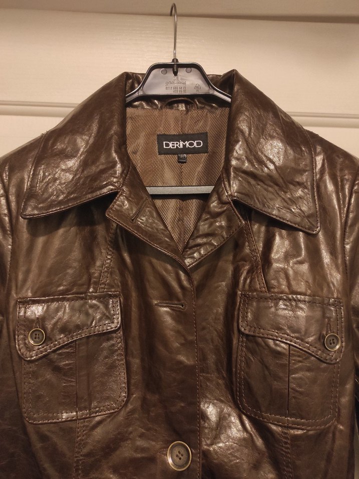 Kahverengi Deri Kemerli Kadın Ceket - Görsel 2