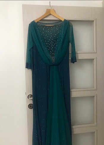 Uzun Kol Drapeli Turkuaz Abiye Elbise - Görsel 3