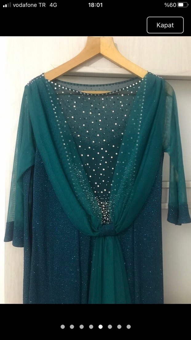 Uzun Kol Drapeli Turkuaz Abiye Elbise - Görsel 2