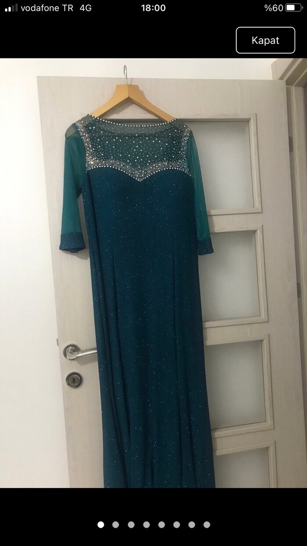 Uzun Kol Drapeli Turkuaz Abiye Elbise - Görsel 5