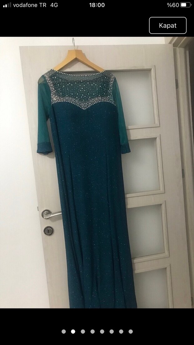 Uzun Kol Drapeli Turkuaz Abiye Elbise - Görsel 4