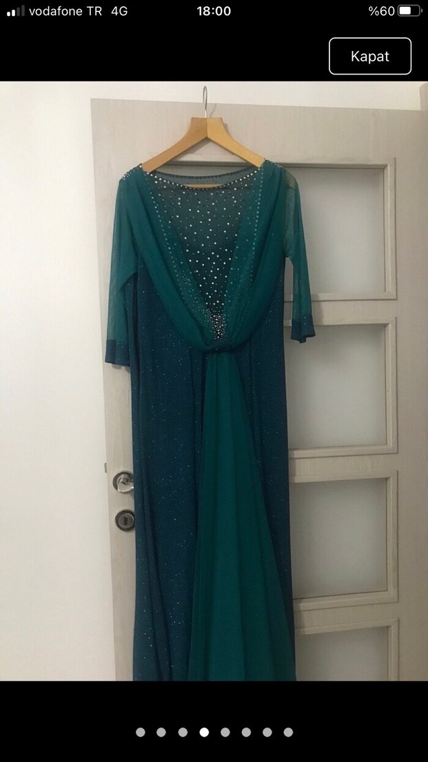 Uzun Kol Drapeli Turkuaz Abiye Elbise - Görsel 3