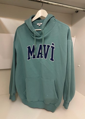 Turkuaz Kapüşonlu Mavi Baskılı Sweatshirt