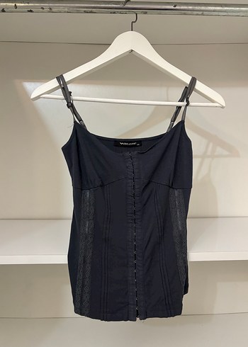 Siyah Denim Düğmeli Strappy Bustier - Görsel 2