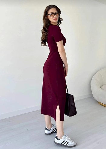 Bordo V Yaka Midi Elbise